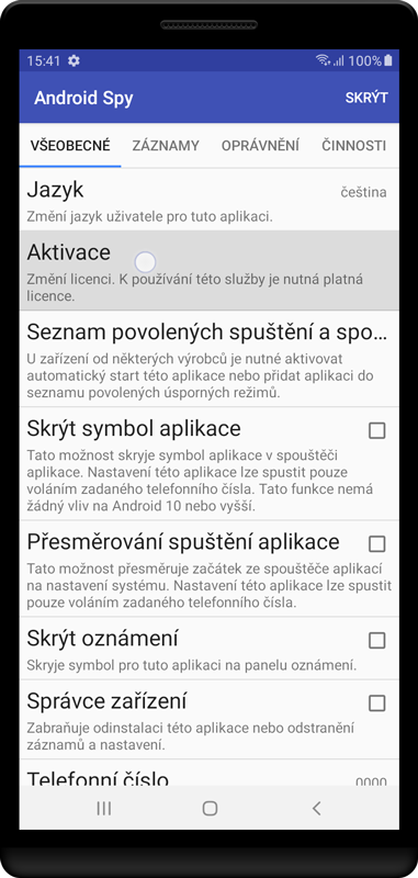 Otevřeno Android Spy nastavení.