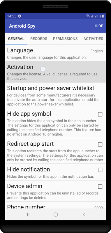 Open the Android Spy settings.
