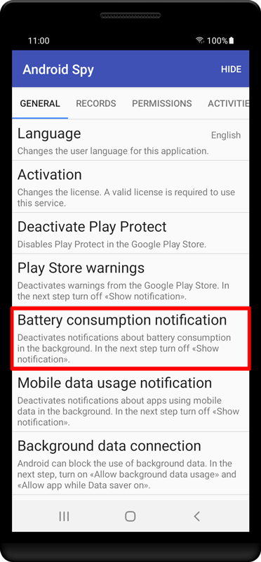 Press «Battery consumption notification».
