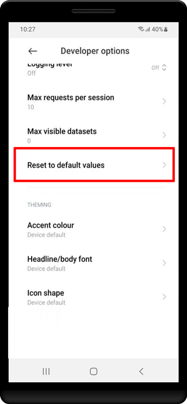 Als u «MIUI-optimalisatie» niet kunt vinden, drukt u op «Reset to default valuesReset naar standaardwaarden».