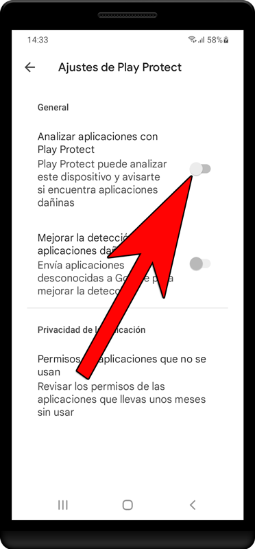 Desactive «Analizar aplicaciones con Play Protect».