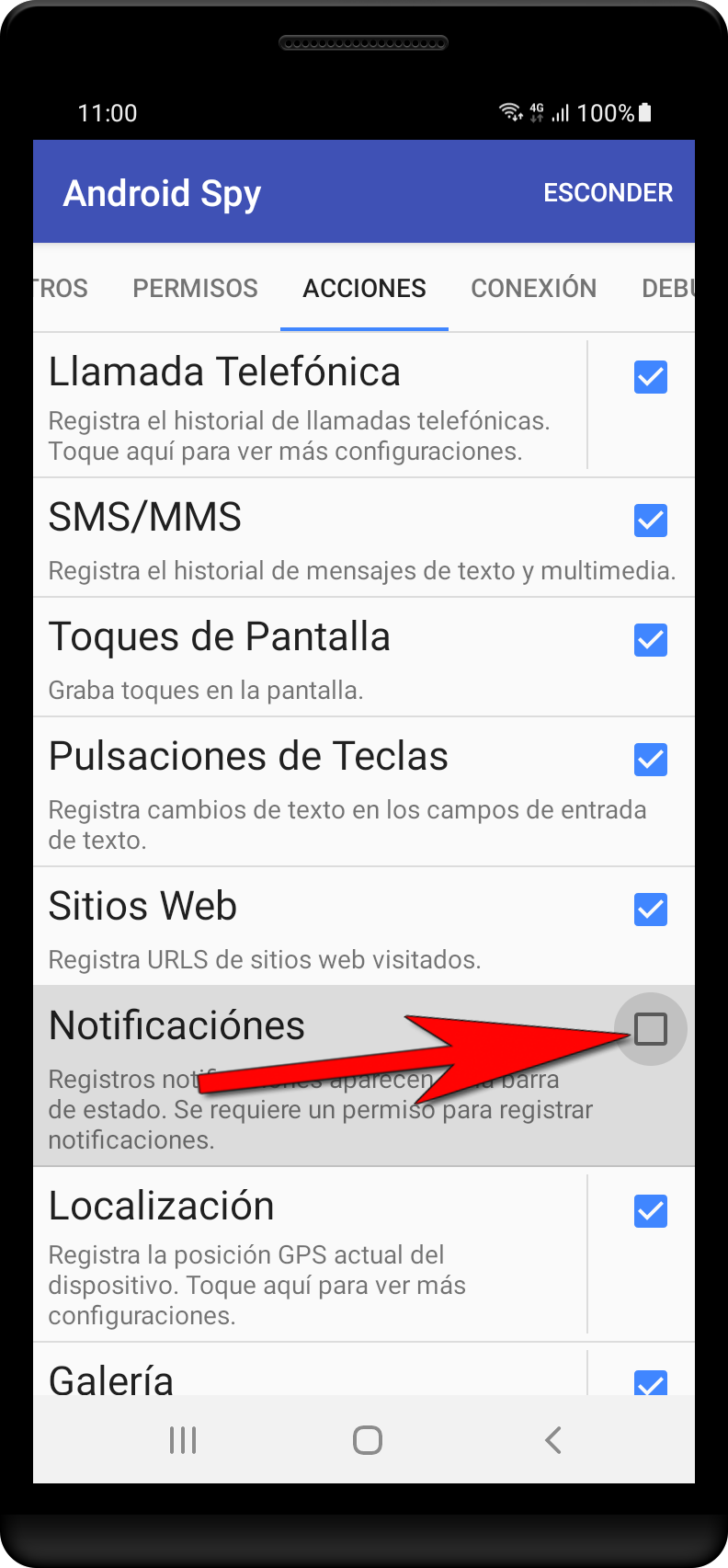 Abra la configuración de Android Spy.