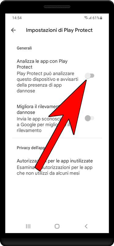 Disattivare «Analizza le app con Play Protect».