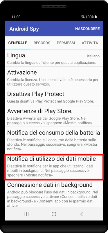 Premere «Notifica di utilizzo dei dati mobile».