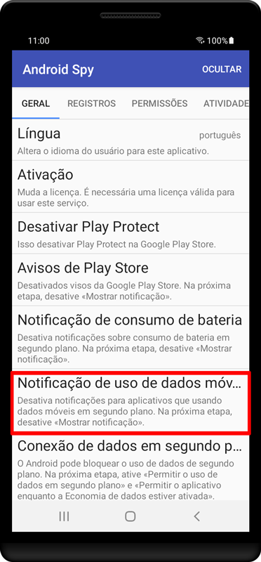 Pressione «Notificação de uso de dados móveis».