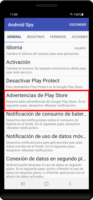 Presione «Advertencias de Play Store».