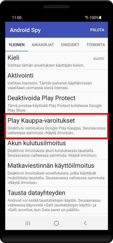 Paina «Play Kauppa-varoitukset».