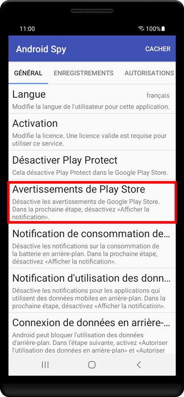 Appuyez sur «Avertissements de Play Store».
