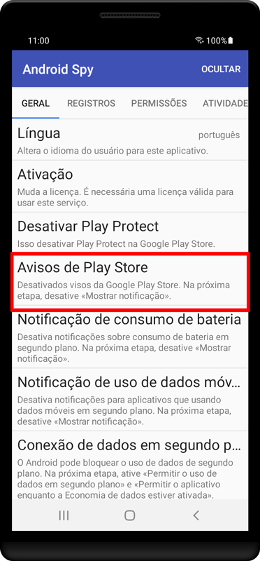 Pressione «Avisos de Play Store».