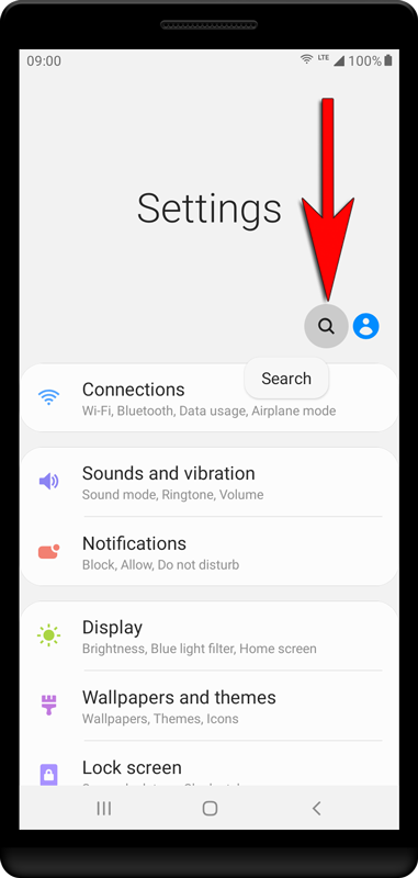 Start the settings of the device and press the search symbol.