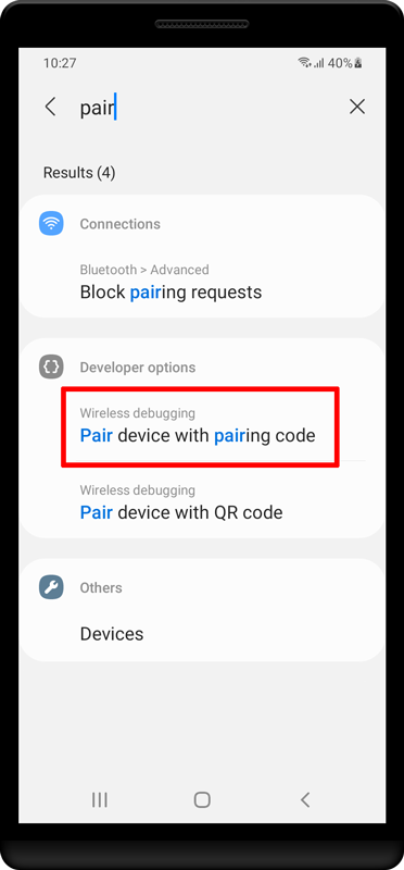Go back to the search, type «pair» and press «Pair device with pairing code» in the list below.
